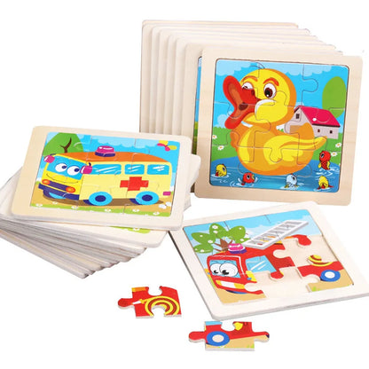 11*11cm 3D Wooden Puzzle Baby Toys Cartoon Animal Traffic