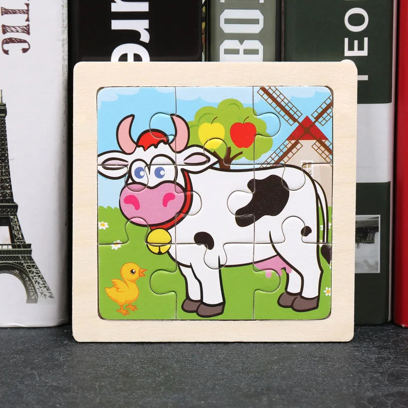11*11cm 3D Wooden Puzzle Baby Toys Cartoon Animal Traffic