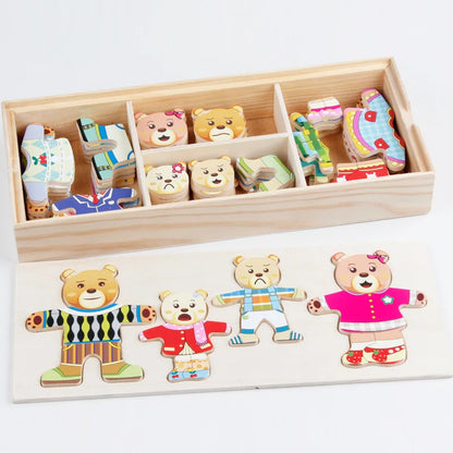 Wooden Bear Dressing Puzzle Educational Toy for Kids