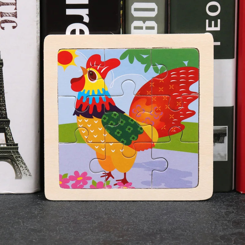 11*11cm 3D Wooden Puzzle Baby Toys Cartoon Animal Traffic