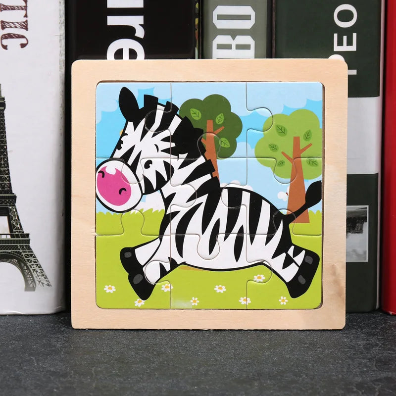 11*11cm 3D Wooden Puzzle Baby Toys Cartoon Animal Traffic