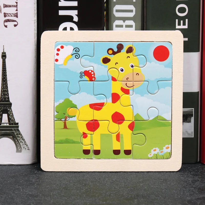 11*11cm 3D Wooden Puzzle Baby Toys Cartoon Animal Traffic