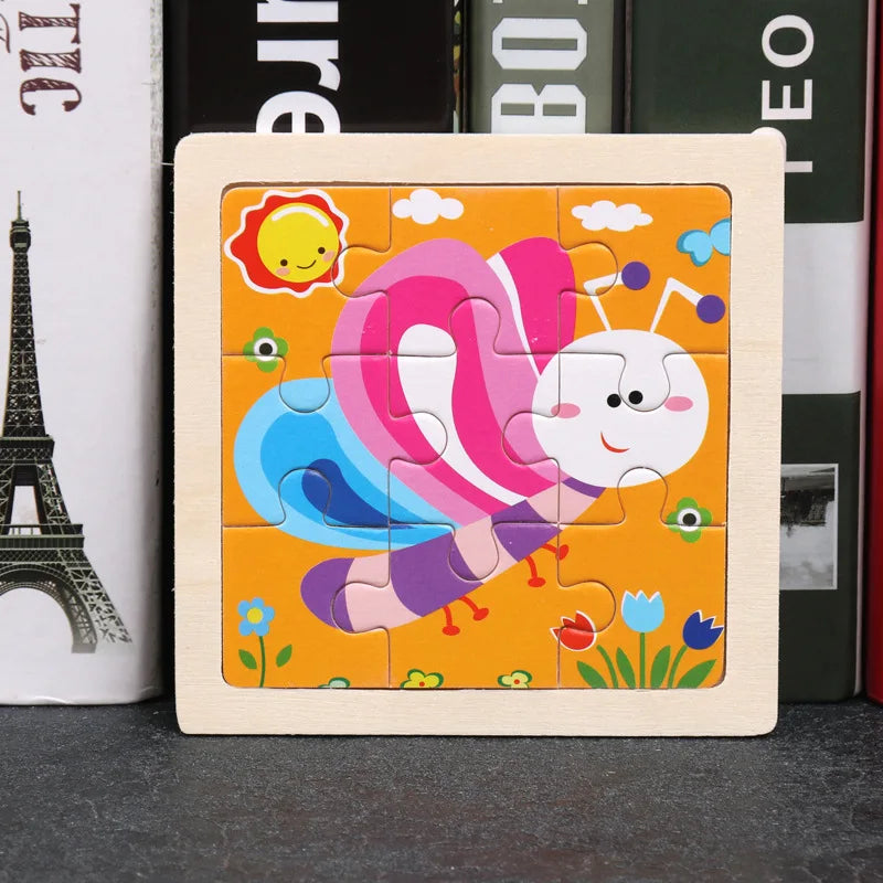 11*11cm 3D Wooden Puzzle Baby Toys Cartoon Animal Traffic