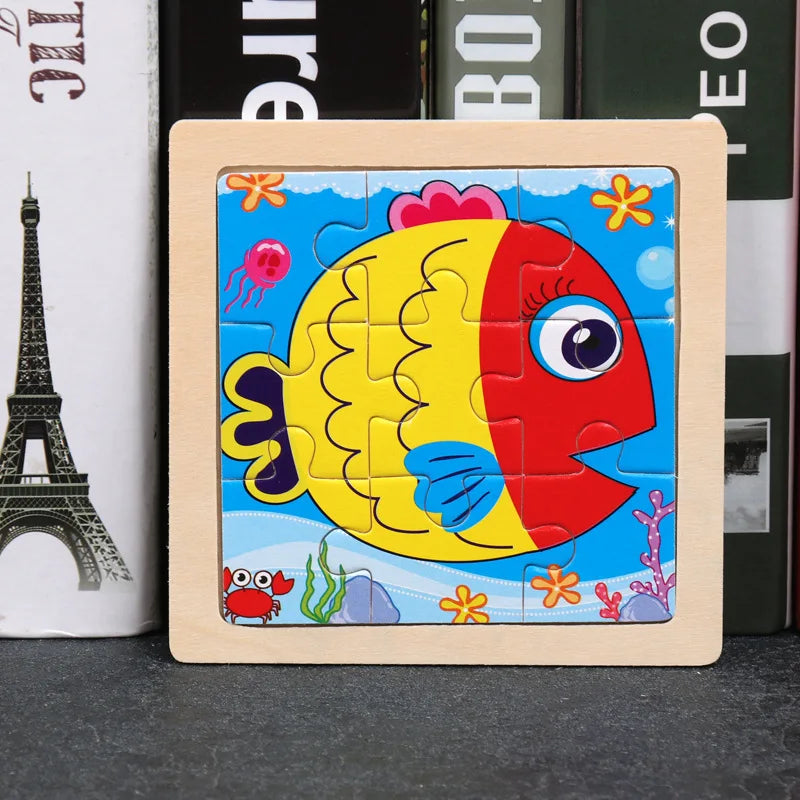 11*11cm 3D Wooden Puzzle Baby Toys Cartoon Animal Traffic