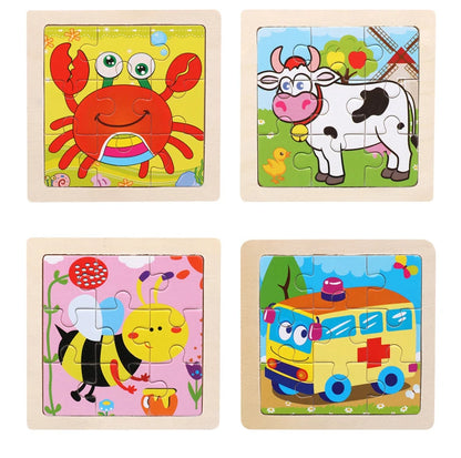 11*11cm 3D Wooden Puzzle Baby Toys Cartoon Animal Traffic
