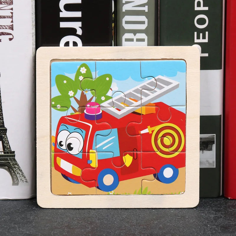 11*11cm 3D Wooden Puzzle Baby Toys Cartoon Animal Traffic