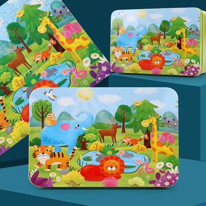 100 PCS Kids Wooden Puzzle Cartoon Animal Vehicle Wood