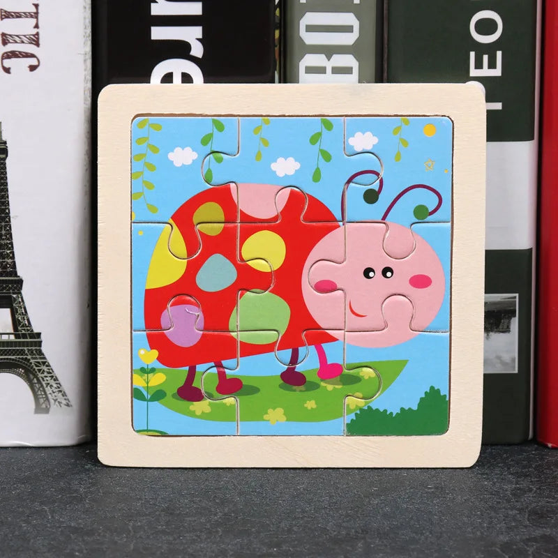 11*11cm 3D Wooden Puzzle Baby Toys Cartoon Animal Traffic
