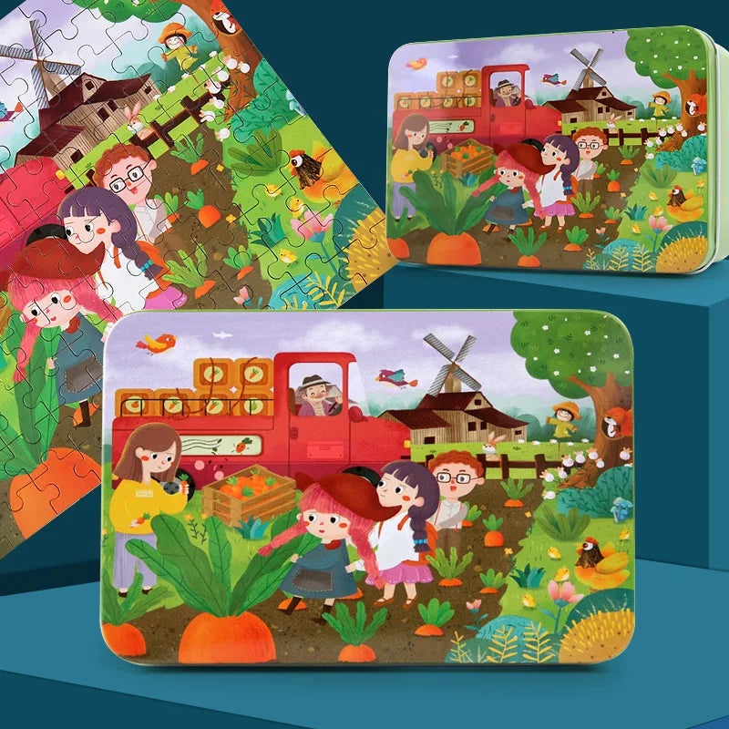 100 PCS Kids Wooden Puzzle Cartoon Animal Vehicle Wood