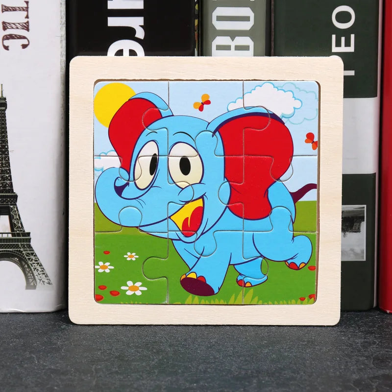 11*11cm 3D Wooden Puzzle Baby Toys Cartoon Animal Traffic