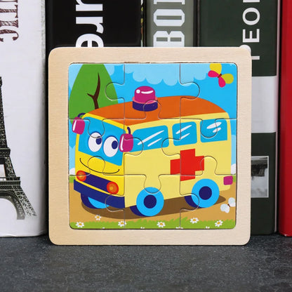 11*11cm 3D Wooden Puzzle Baby Toys Cartoon Animal Traffic