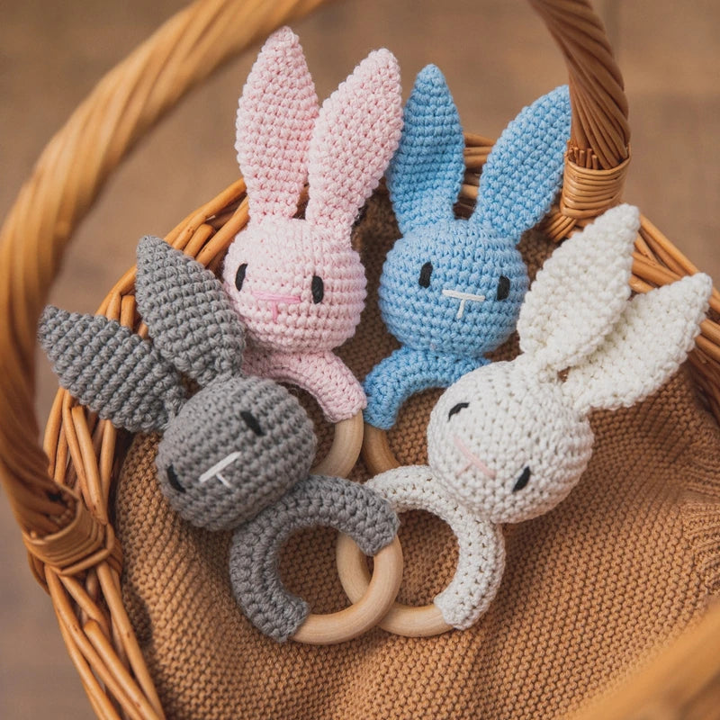 Wooden Rabbit Crochet Baby Rattle Teether Toy