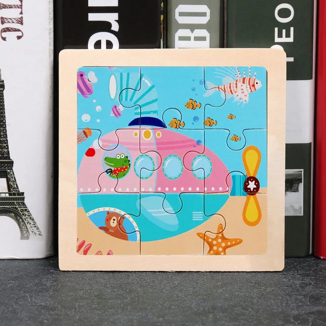 11*11cm 3D Wooden Puzzle Baby Toys Cartoon Animal Traffic