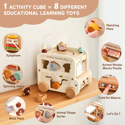 Baby Wooden Montessori Busy Bus Educational Toy