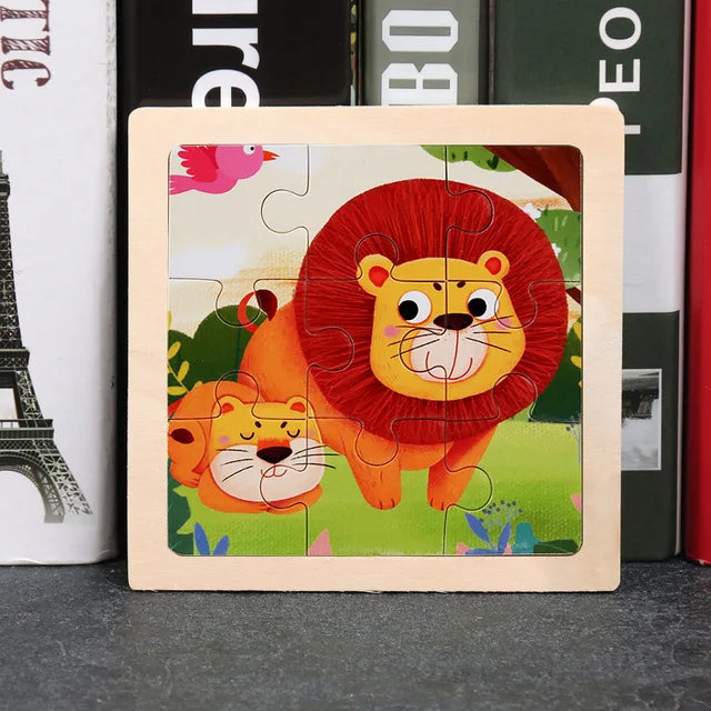 11*11cm 3D Wooden Puzzle Baby Toys Cartoon Animal Traffic