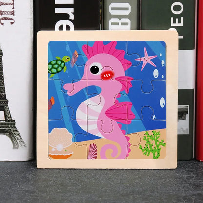 11*11cm 3D Wooden Puzzle Baby Toys Cartoon Animal Traffic