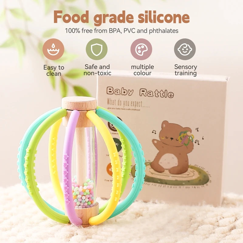 Wooden Rain Drum Silicone Baby Rattle Teether Toy