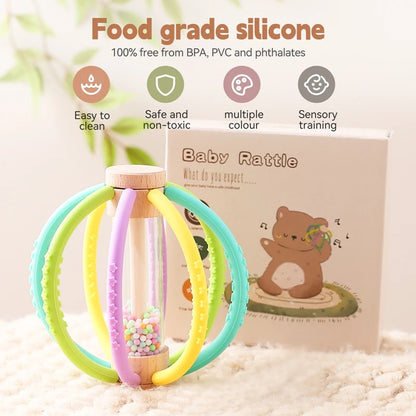 Wooden Rain Drum Silicone Baby Rattle Teether Toy