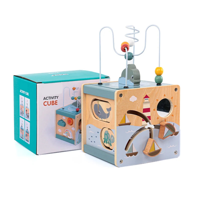 Wooden Activity Cube for Toddlers 5in1 Animal Shape Sorter