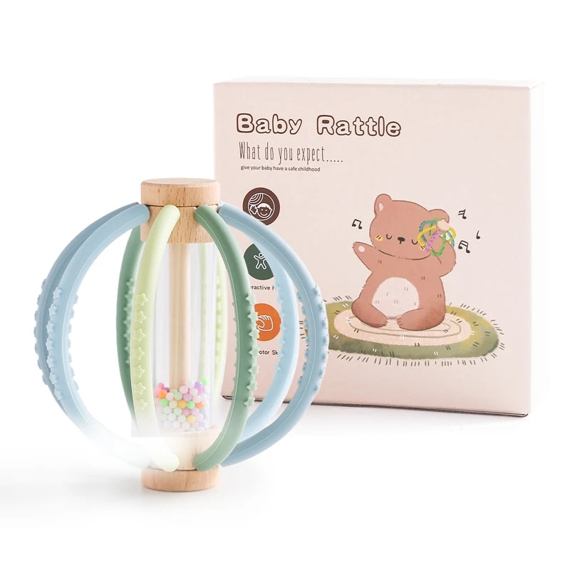 Wooden Rain Drum Silicone Baby Rattle Teether Toy