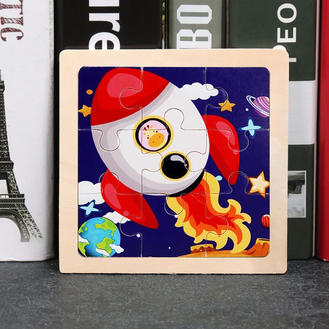 11*11cm 3D Wooden Puzzle Baby Toys Cartoon Animal Traffic