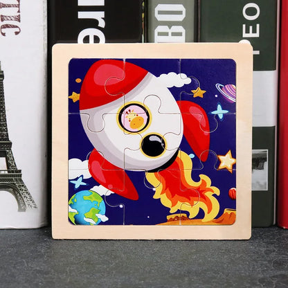 11*11cm 3D Wooden Puzzle Baby Toys Cartoon Animal Traffic