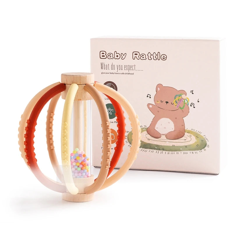 Wooden Rain Drum Silicone Baby Rattle Teether Toy