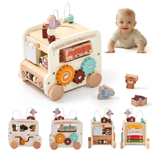 Baby Wooden Montessori Busy Bus Educational Toy