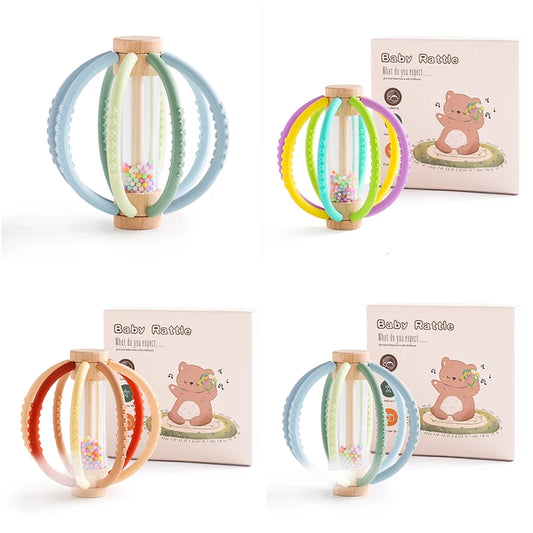Wooden Rain Drum Silicone Baby Rattle Teether Toy