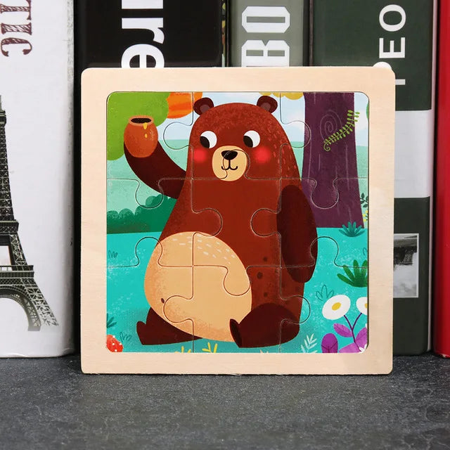 11*11cm 3D Wooden Puzzle Baby Toys Cartoon Animal Traffic