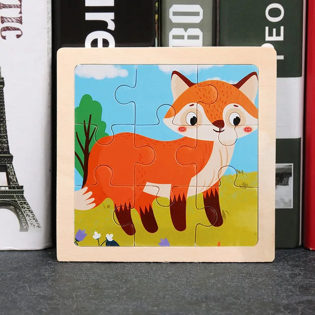 11*11cm 3D Wooden Puzzle Baby Toys Cartoon Animal Traffic