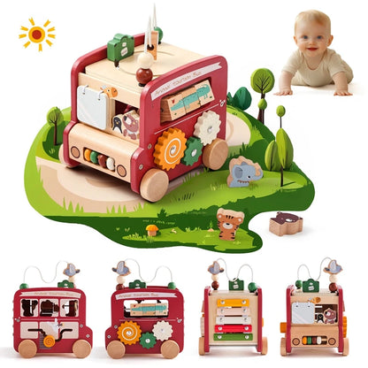 Baby Wooden Montessori Busy Bus Educational Toy