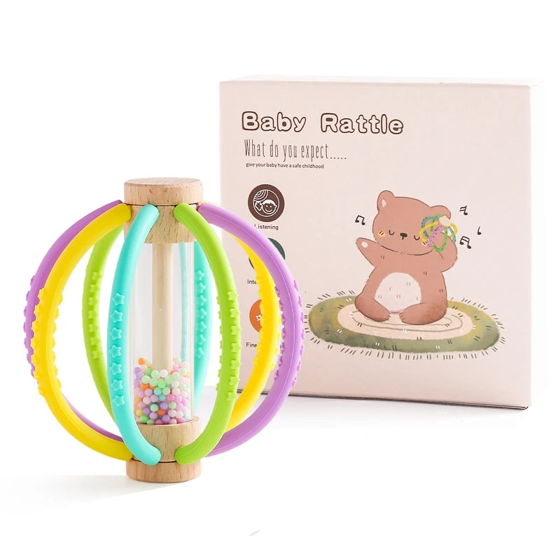 Wooden Rain Drum Silicone Baby Rattle Teether Toy