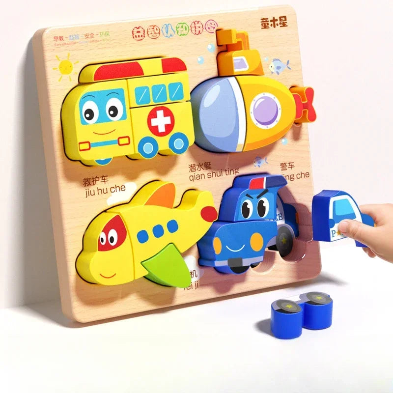 Montessori Cartoon 3D Wooden Puzzle Animal Traffic