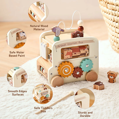 Baby Wooden Montessori Busy Bus Educational Toy