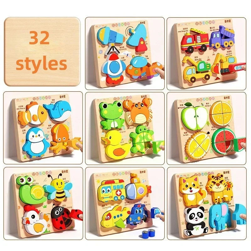 Montessori Cartoon 3D Wooden Puzzle Animal Traffic