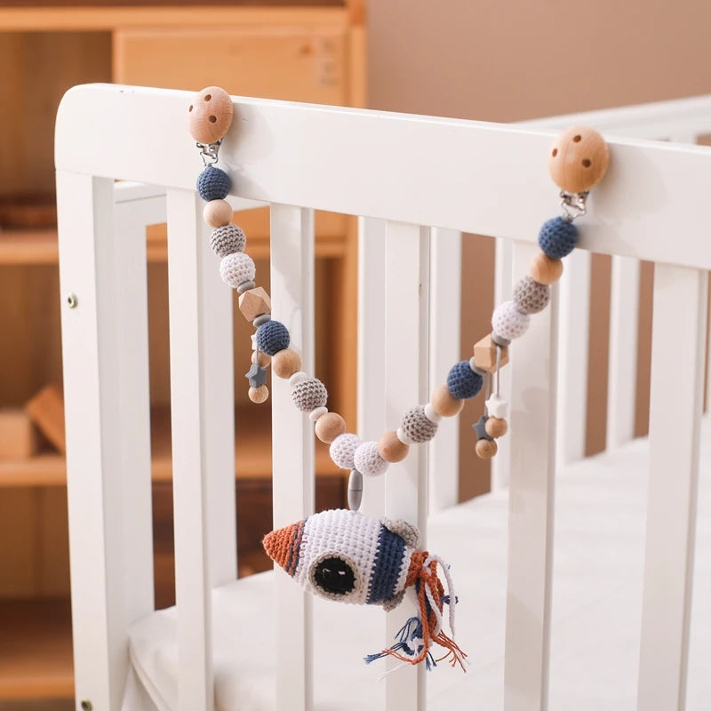 Wood Teether Crochet Baby Hanging Rattle Toy