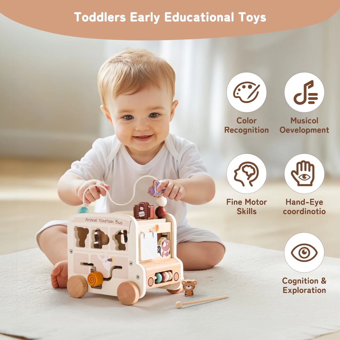 Baby Wooden Montessori Busy Bus Educational Toy