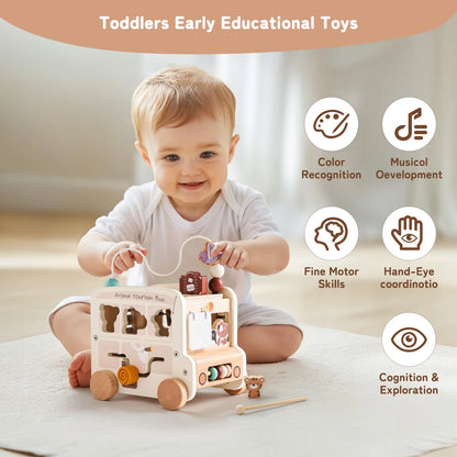 Baby Wooden Montessori Busy Bus Educational Toy