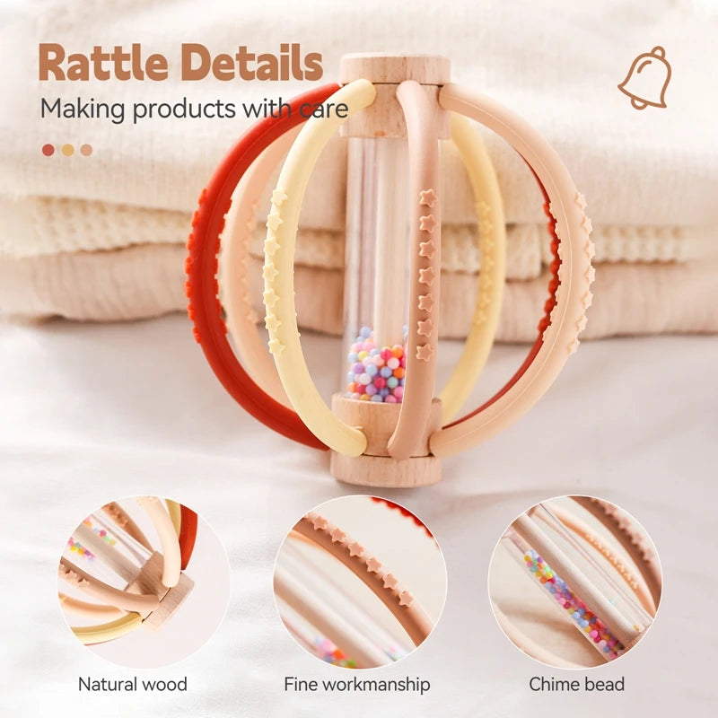 Wooden Rain Drum Silicone Baby Rattle Teether Toy