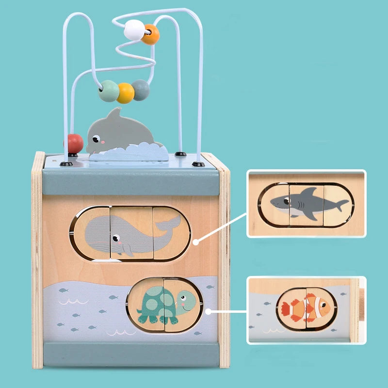 Wooden Activity Cube for Toddlers 5in1 Animal Shape Sorter