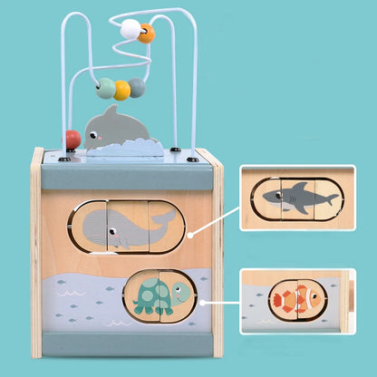 Wooden Activity Cube for Toddlers 5in1 Animal Shape Sorter