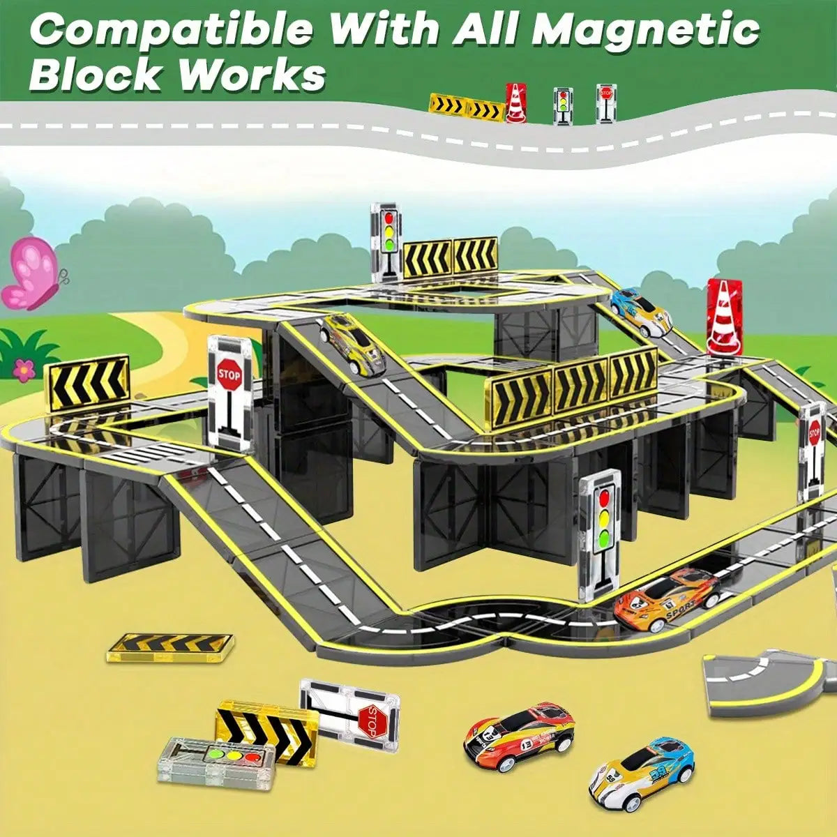 Magnetic Road Building Tiles City Track Toy
