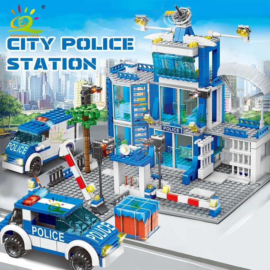 City Police Station Building Blocks Set Boys DIY Car Figures
