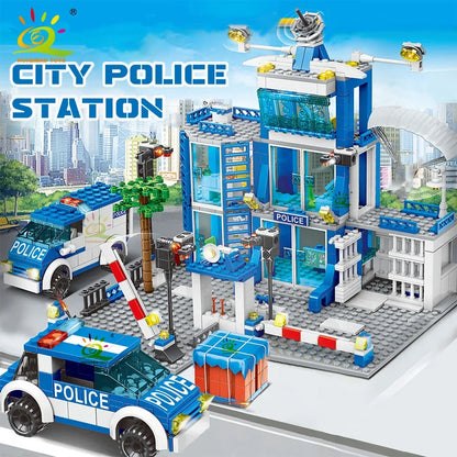 City Police Station Building Blocks Set Boys DIY Car Figures