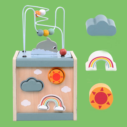 Wooden Activity Cube for Toddlers 5in1 Animal Shape Sorter