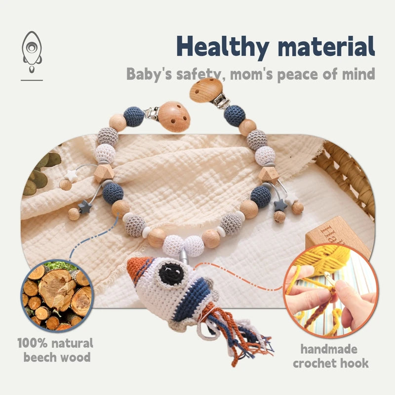 Wood Teether Crochet Baby Hanging Rattle Toy