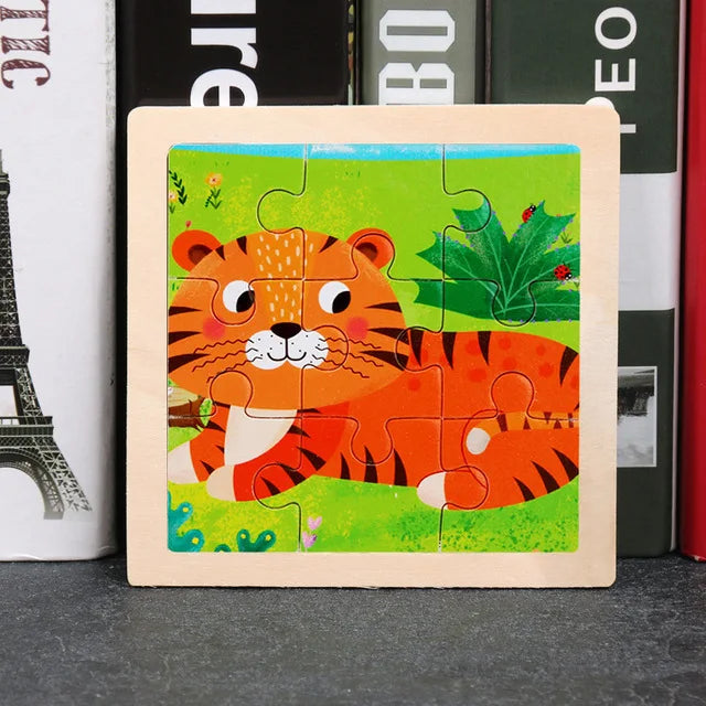 11*11cm 3D Wooden Puzzle Baby Toys Cartoon Animal Traffic