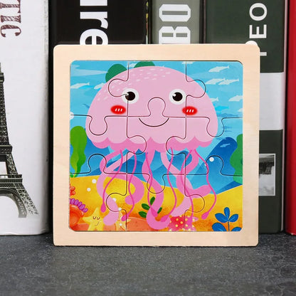 11*11cm 3D Wooden Puzzle Baby Toys Cartoon Animal Traffic