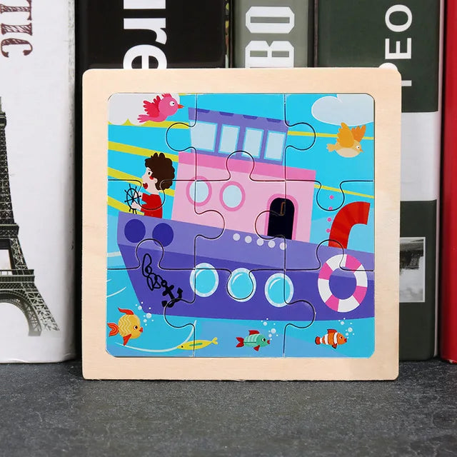 11*11cm 3D Wooden Puzzle Baby Toys Cartoon Animal Traffic